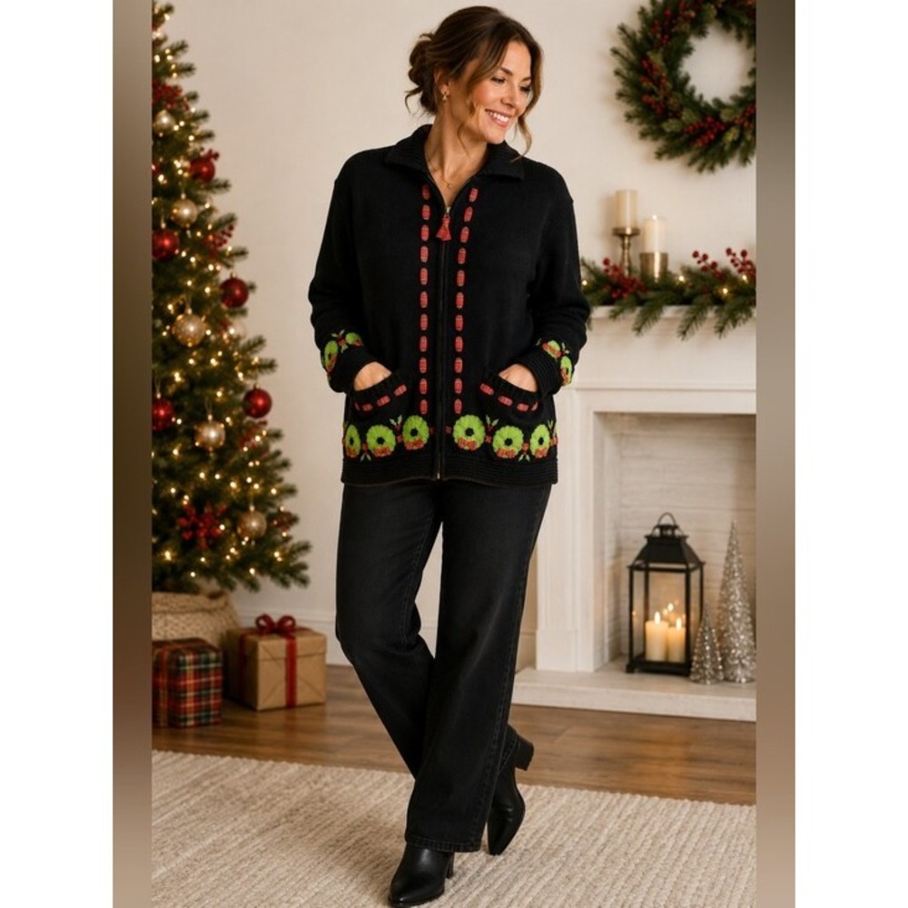 Investments Christmas Wreath Tartan Plaid Zip Cardigan Sweater Black L